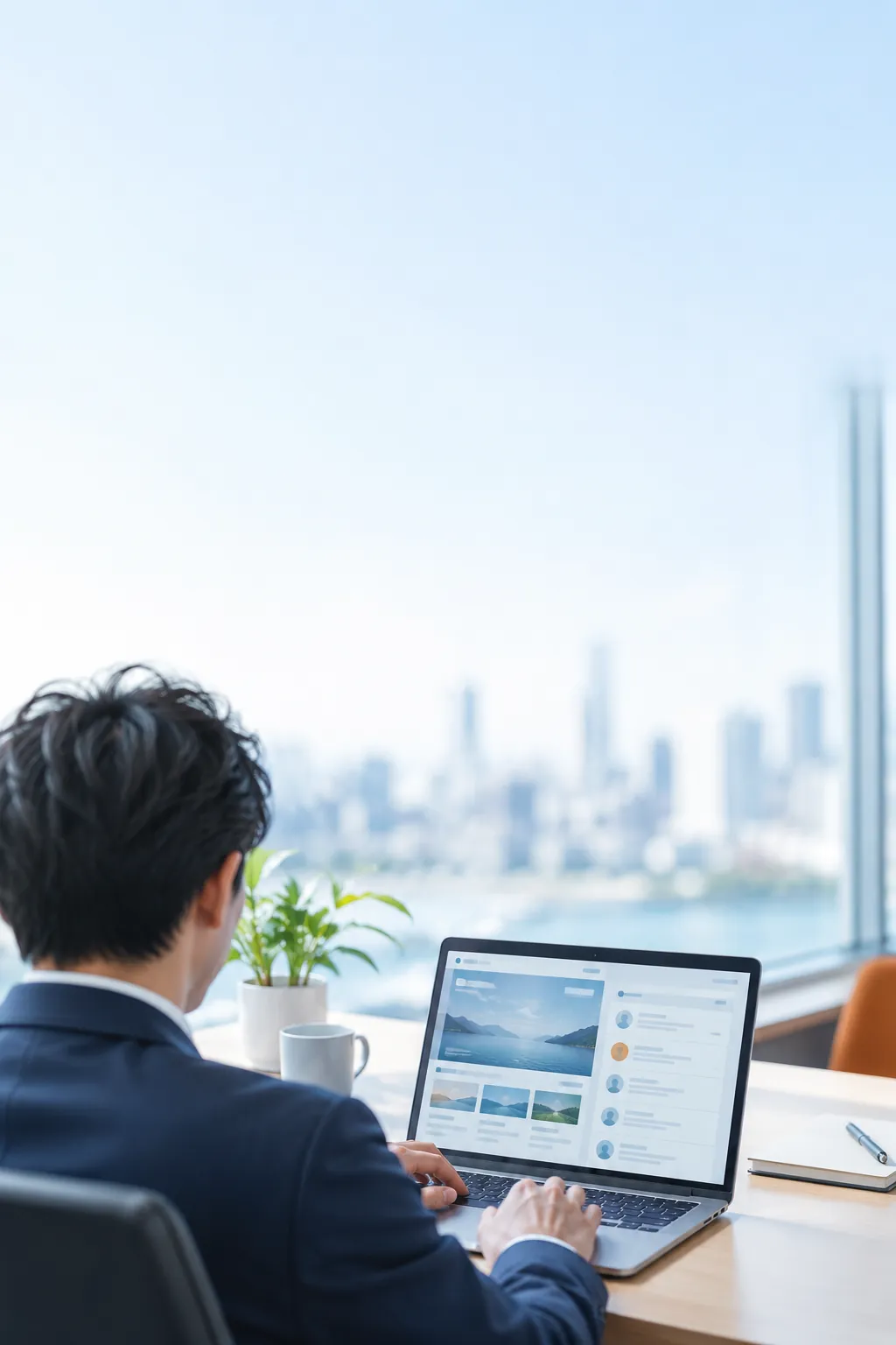 街を見下ろすオフィスでWebサイトを確認する経営者