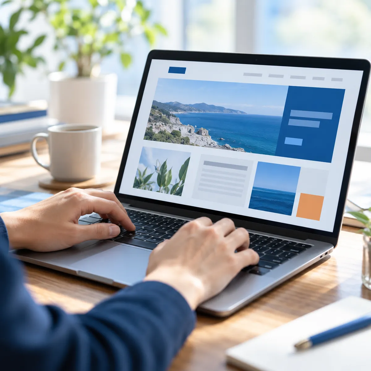 ノートPCでWebサイトを組み立てている手元